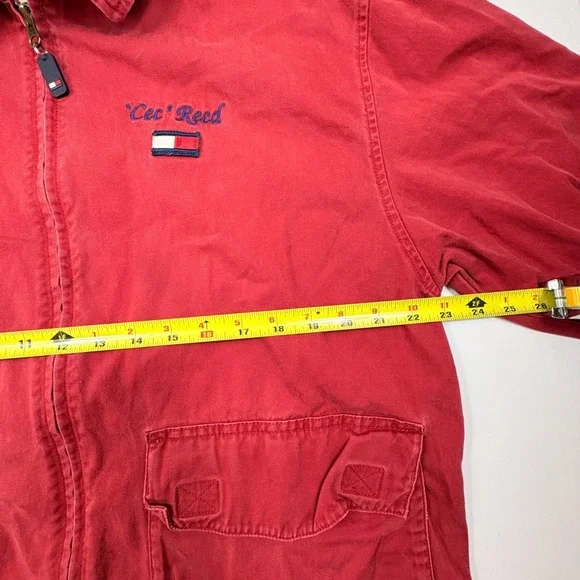 Tommy Hilfiger Red Canvas Zip Jacket Mens S Flag Logo Custom Embroidery - Picture 5 of 13